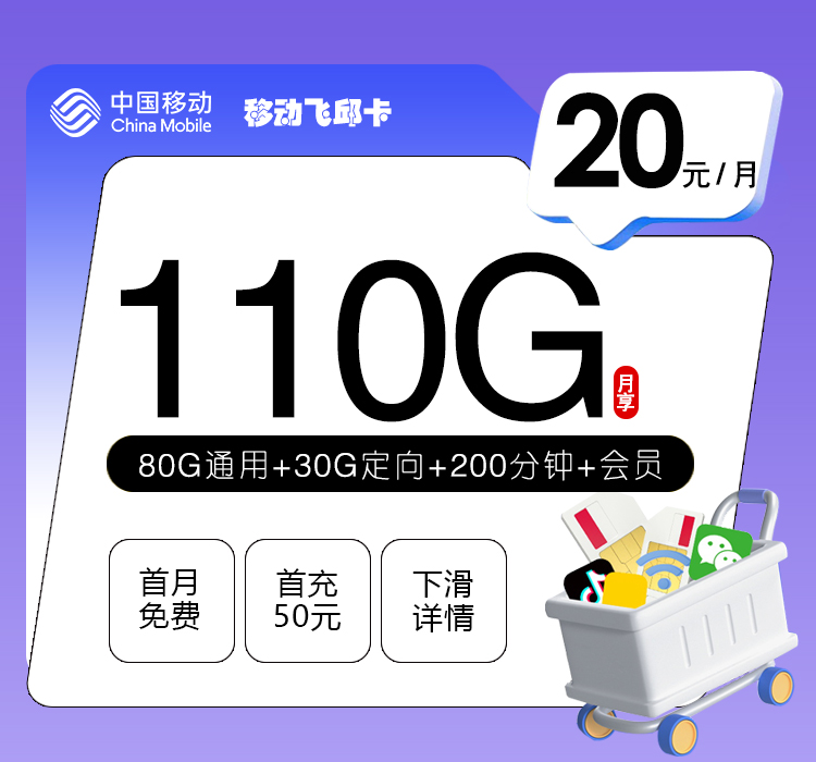 移动飞邱卡【20元110G流量+200分钟通话+三个会员】