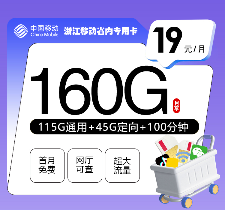 浙江移动省内专用卡【19元160G流量+100分钟通话】